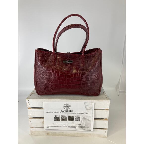 LONGCHAMP LARGE BURGNADY CROC EMBOSSED PRINT SHOULDER BAG - Picture 1 of 16